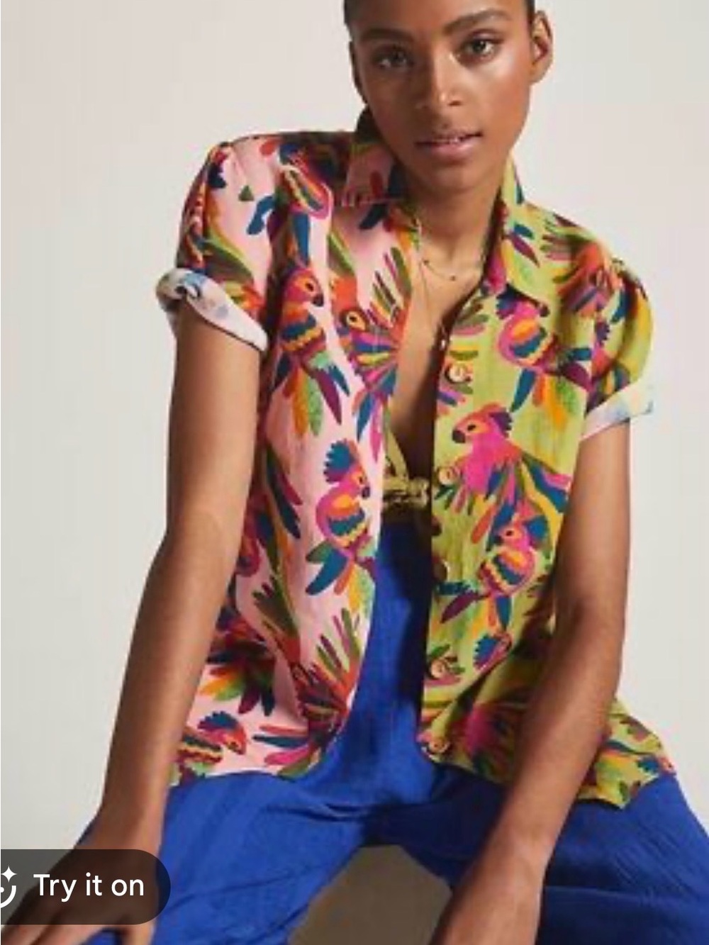 Farm Rio x Anthropologie Linen Parrot Print Button-Down Shirt